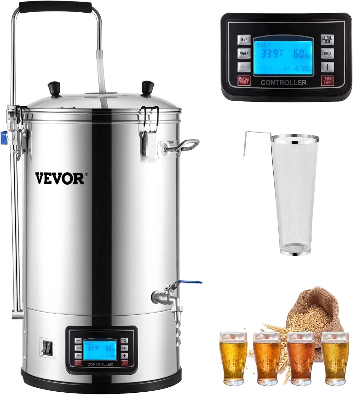 Vevor Electric Brewing System, 9.2 Gal/35 L Brewing Pot, All-In-One Home Beer Brewer W/Pump, Mash Boil Device W/Panel, Auto/Manual Mode 100-1800W Power 25-100â Temp 1-180 Min Timer Recipe Memory Vevor Electric Brewing System, 9.2 Gal/35 L Brewing Pot, All-In-One Home Beer Brewer W/Pump, Mash Boil Device W/Panel, Auto/Manual Mode 100-1800W Power 25-100â Temp 1-180 Min Timer Recipe Memory