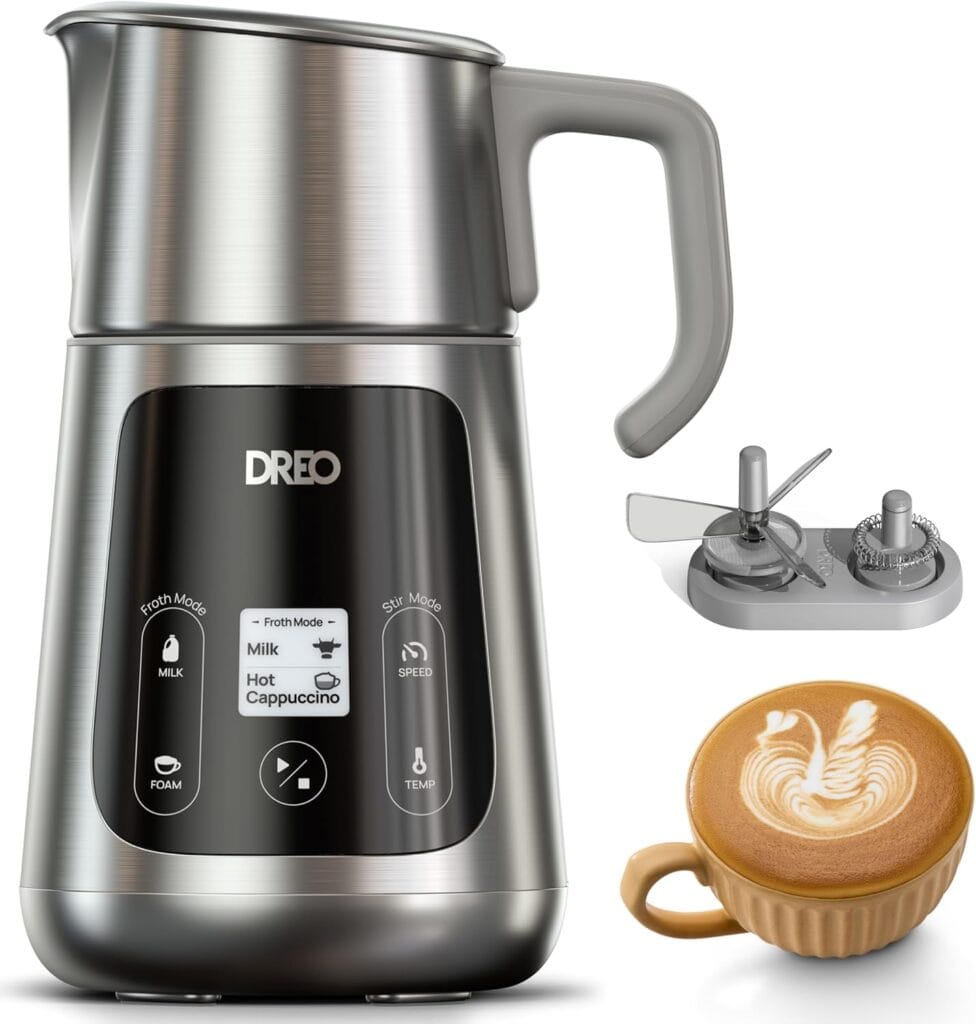 Dreo All-in-1 BaristaMaker Milk Frother, Electric Foam Frother for Latte Art Microfoam and Coffee, 15oz/450ml Automatic Milk Warmer with 30 Drinks, Dishwasher Safe, Dairy/Plant-Based Milk