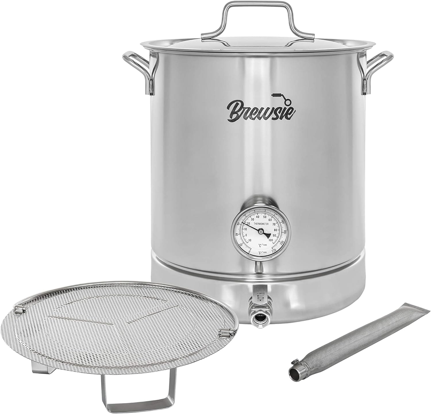 Brewsie Stainless Steel Home Brew Kettle W/Dual Filtration. Equip With False Bottom Thermometer And Ball Valve For Brewing (8 Gal/ 32 Qt)âĻ Brewsie Stainless Steel Home Brew Kettle W/Dual Filtration. Equip With False Bottom Thermometer And Ball Valve For Brewing (8 Gal/ 32 Qt)âĻ