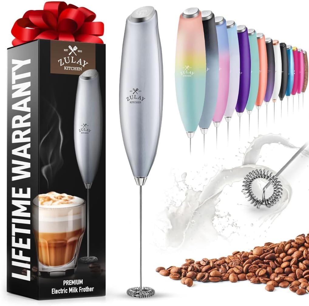 Zulay Powerful Milk Frother For Coffee With Upgraded Titanium Motor – Handheld Electric Whisk, Milk Foamer, Mini Mixer & Coffee Blender For Frappe, Latte, Matcha, No Stand – Silver Zulay Powerful Milk Frother For Coffee With Upgraded Titanium Motor – Handheld Electric Whisk, Milk Foamer, Mini Mixer & Coffee Blender For Frappe, Latte, Matcha, No Stand – Silver