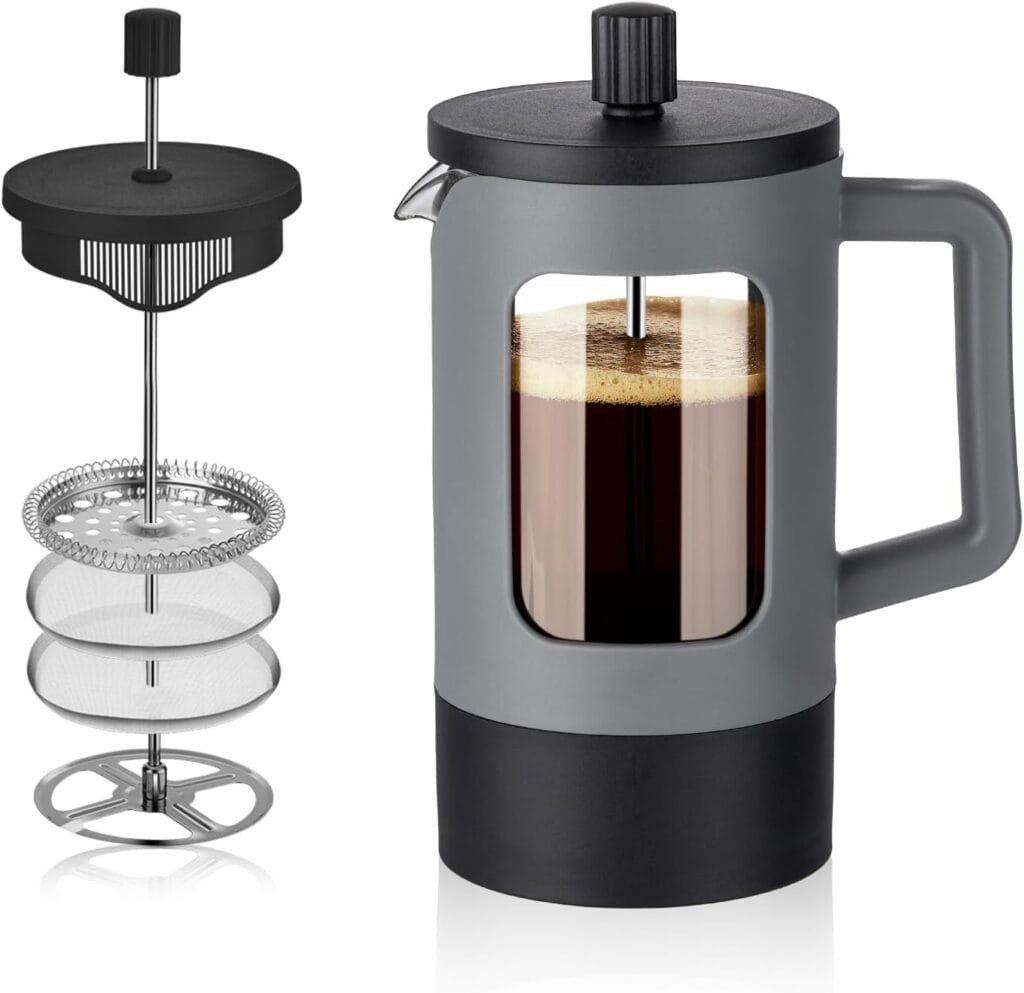 YOLIFE French Press Coffee Maker, 21 oz Small Coffee Tea Press with Heat-resistant Borosilicate Glass, 4-Level Filtration Systems, Portable Coffee Pot for Camping Travel Gifts, Grey and Black