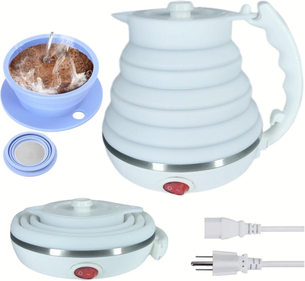Travel Kettle Electric Collapsible, Portable Electric Kettle Silicone + Paperless Collapsible Coffee Dripper, Travel Pour Over Coffee Maker Single Cup, White Travel Kettle Electric Collapsible, Portable Electric Kettle Silicone + Paperless Collapsible Coffee Dripper, Travel Pour Over Coffee Maker Single Cup, White