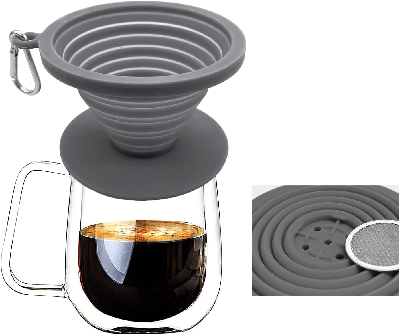 Collapsible Coffee Dripper Pour Over Coffee Filter, Silicone Reusable Coffee Maker,Paperless Coffee Brew Maker,Dishwasher Safe,Carabineer For Hiking, Backpacking,Camping,Home,Office(Grey) Collapsible Coffee Dripper Pour Over Coffee Filter, Silicone Reusable Coffee Maker,Paperless Coffee Brew Maker,Dishwasher Safe,Carabineer For Hiking, Backpacking,Camping,Home,Office(Grey)