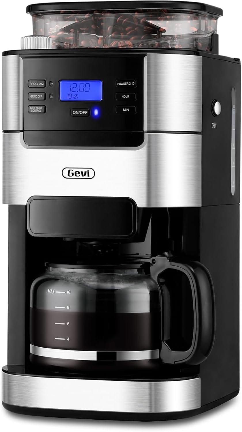 Gevi 10-Cup Drip Coffee Maker With Built-In Grinder, Programmable Brew Coffee Machine With Timer, Reusable Filter, 1.5L Water Tank, Coffee Pot, Warming Plate Burr Grinder Combo Gevi 10-Cup Drip Coffee Maker With Built-In Grinder, Programmable Brew Coffee Machine With Timer, Reusable Filter, 1.5L Water Tank, Coffee Pot, Warming Plate Burr Grinder Combo
