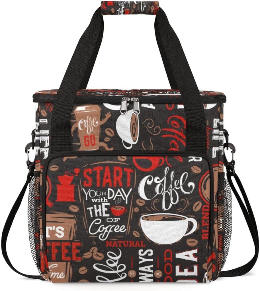 Brown and Red Coffee Cafe Coffee Maker Carring Bag Travel Carrying Storage Tote Bag Compatible with Keurig K-Mini or K-Mini Plus Portable Single Serve Coffee Brewer Case with Pockets for K-cup Pods