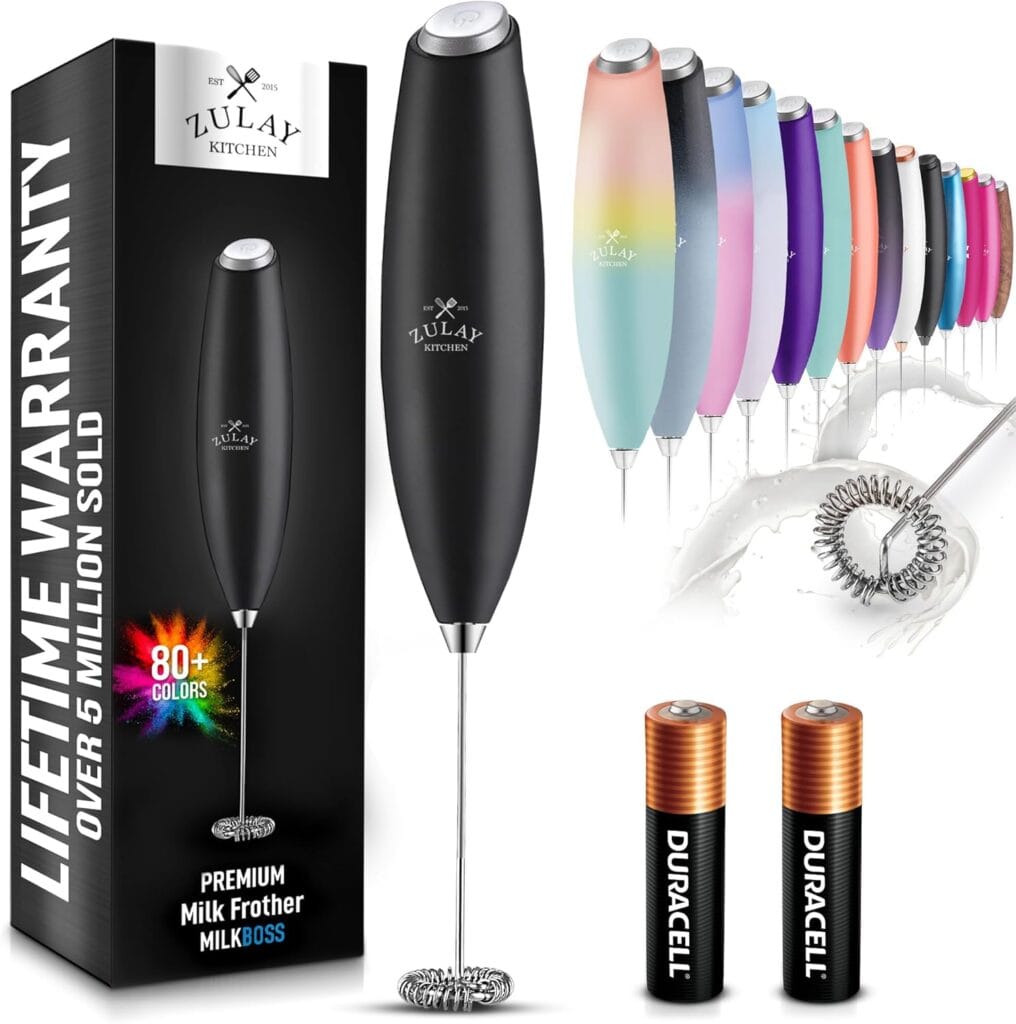 Zulay Kitchen Handheld Milk Frother With Duracell Aa Batteries – Ultra Fast Electric Mixer & Foam Maker, Easy-Clean Drink Mixer For Coffee & More Zulay Kitchen Handheld Milk Frother With Duracell Aa Batteries – Ultra Fast Electric Mixer & Foam Maker, Easy-Clean Drink Mixer For Coffee & More