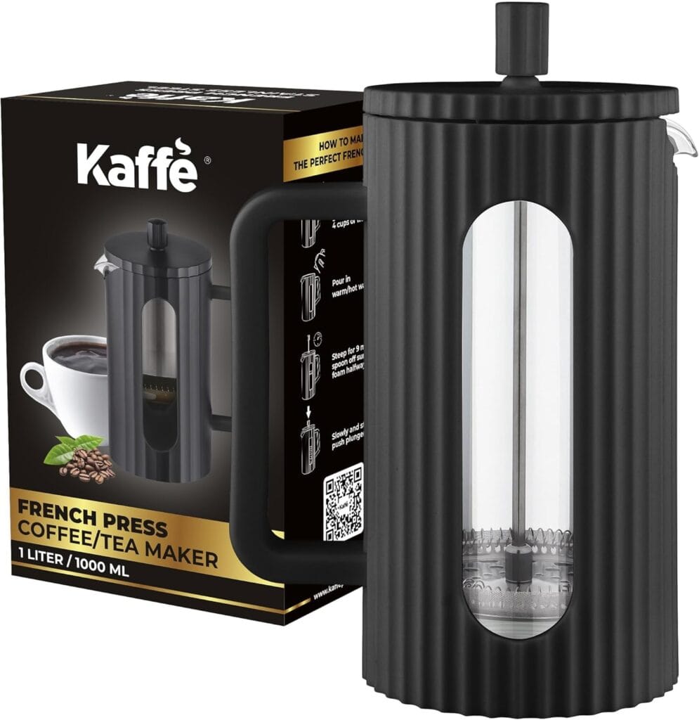 Kaffe French Press Coffee Maker (34oz / 1L) – Borosilicate Glass and BPA-Free Plastic Coffee Press – Matte Black – Lightweight Travel & Camping Coffee Maker Kaffe French Press Coffee Maker (34oz / 1L) – Borosilicate Glass and BPA-Free Plastic Coffee Press – Matte Black – Lightweight Travel & Camping Coffee Maker