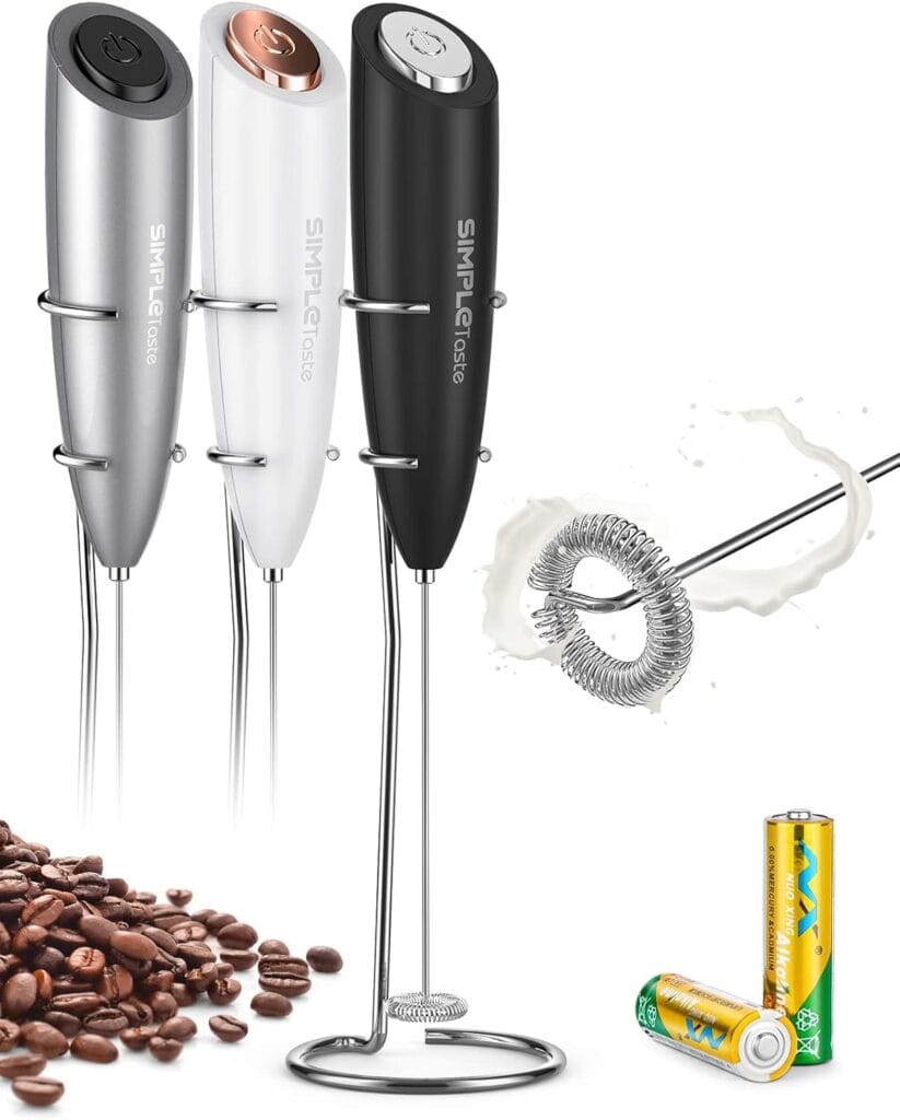 SIMPLETaste Milk Frother Handheld Battery Operated Electric Foam Maker, Drink Mixer with Stainless Steel Whisk and Stand for Cappuccino, Bulletproof Coffee, Latte SIMPLETaste Milk Frother Handheld Battery Operated Electric Foam Maker, Drink Mixer with Stainless Steel Whisk and Stand for Cappuccino, Bulletproof Coffee, Latte