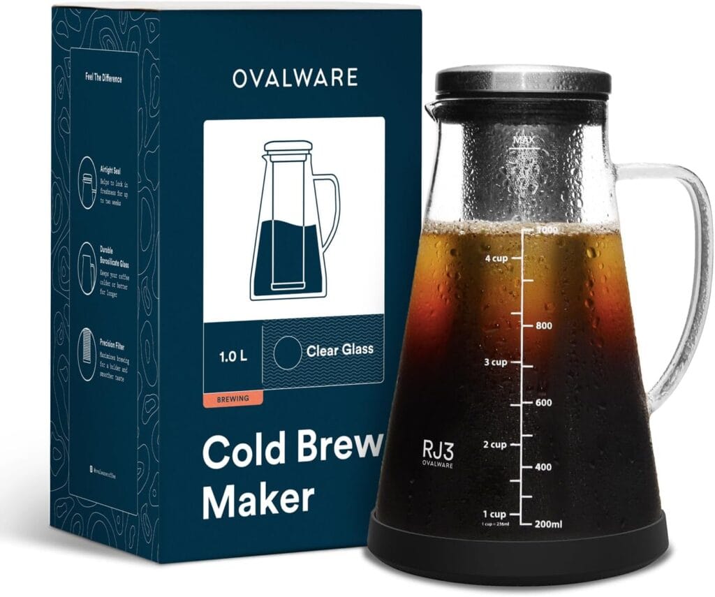 Ovalware Airtight Cold Brew Iced Coffee Maker Pitcher And Tea Infuser With Spout – 1.0L / 34Oz Ovalware Rj3 Brewing Glass Carafe With Removable Stainless Steel Filter Ovalware Airtight Cold Brew Iced Coffee Maker Pitcher And Tea Infuser With Spout – 1.0L / 34Oz Ovalware Rj3 Brewing Glass Carafe With Removable Stainless Steel Filter