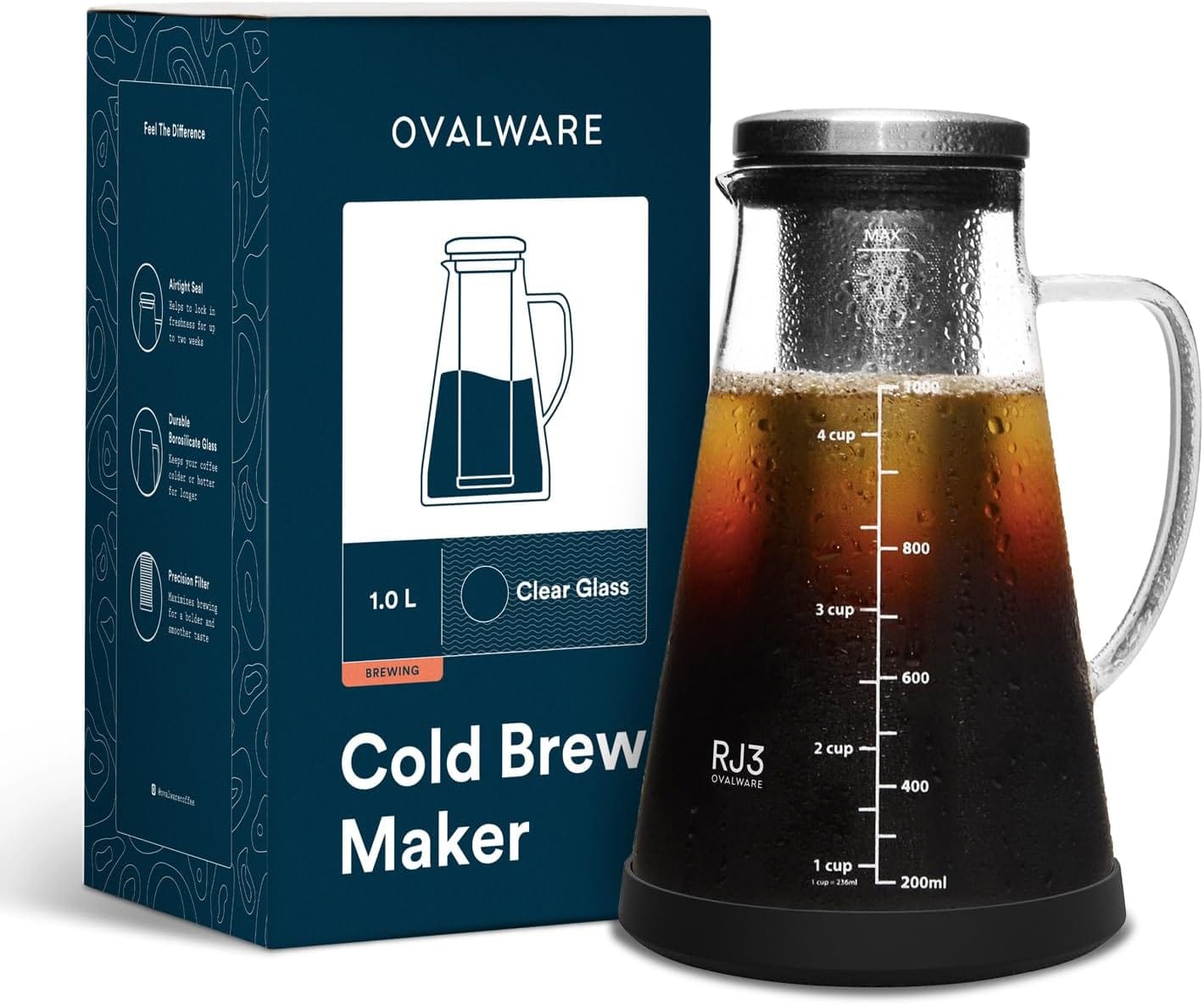 OVALWARE Airtight Cold Brew Iced Coffee Maker Pitcher and Tea Infuser with Spout – 1.0L / 34oz Ovalware RJ3 Brewing Glass Carafe with Removable Stainless Steel Filter