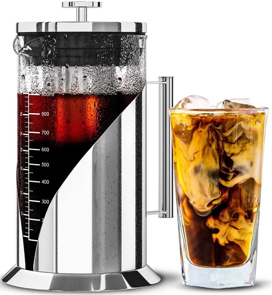 Cafe Du Chateau Cold Brew Coffee Maker – 34oz Airtight Iced Coffee & Tea Pitcher with Measuring Label, Stainless Steel Filter, Ideal for Fridge Storage Cafe Du Chateau Cold Brew Coffee Maker – 34oz Airtight Iced Coffee & Tea Pitcher with Measuring Label, Stainless Steel Filter, Ideal for Fridge Storage