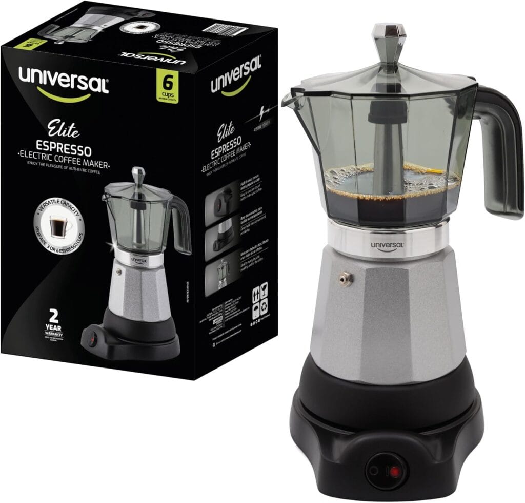 universal Electric Moka Pot (6 Cups), Italian Coffee Maker (480 Watts), Easy Brewing, Prepare Espresso Recipes Cuban, Latte, Macchiato & Mocaccino
