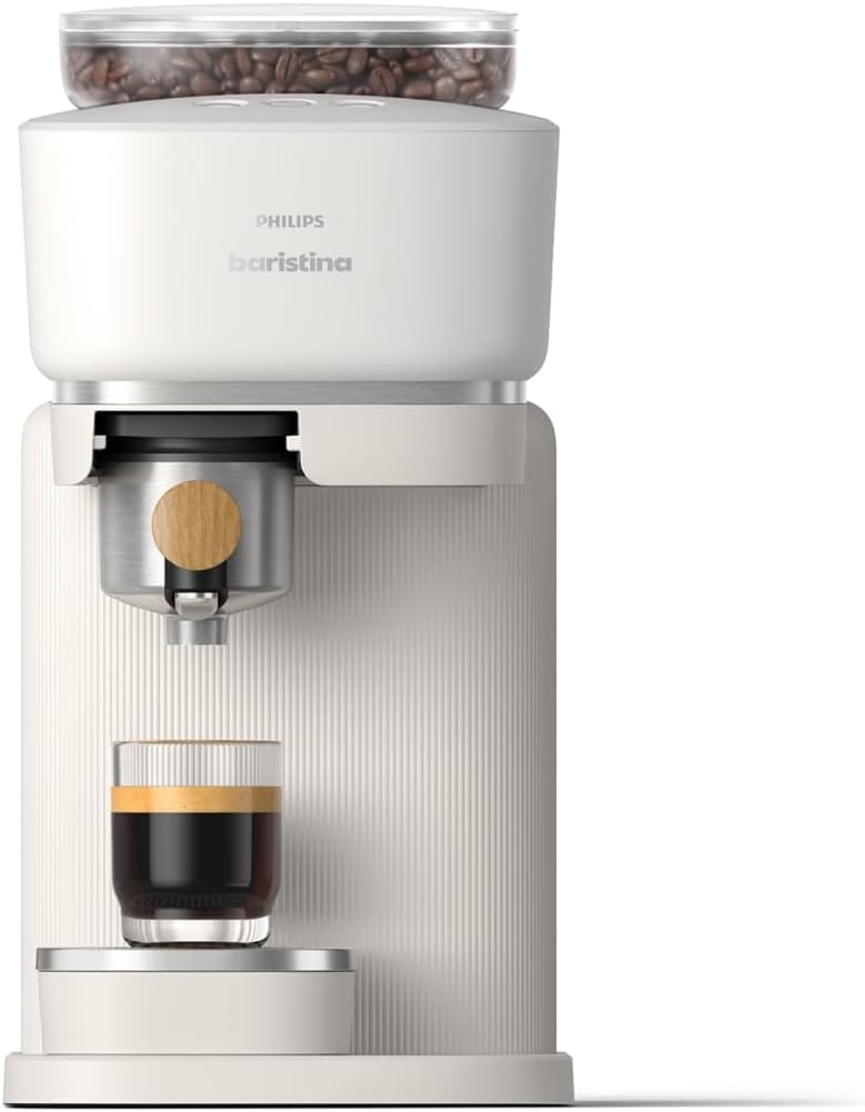 Philips Baristina Espresso Machine, Grind, Tamp & Brew Coffee Beans In One Swipe, Compact, 16 Bar Pump Pressure, Automatic Grinder, Natural White With Ash Wood Portafilter (Bar302/20) Philips Baristina Espresso Machine, Grind, Tamp & Brew Coffee Beans In One Swipe, Compact, 16 Bar Pump Pressure, Automatic Grinder, Natural White With Ash Wood Portafilter (Bar302/20)
