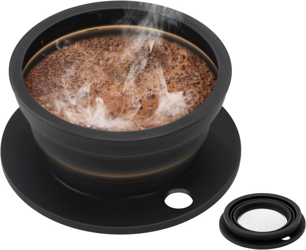 Paperless Collapsible Pour Over Coffee Dripper – Reusable Silicone Coffee Filter Pour Over for Travel and Camping – Single Cup Drip Coffee Maker Pour Over with Metal Mesh Coffee Filter (Black)