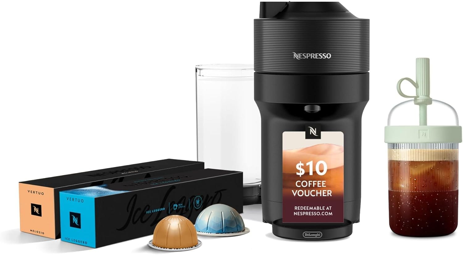 Nespresso Vertuo Pop+ Cold Value Added Bundle With Iced Coffee Tumbler By De’Longhi, Liquorice Black Nespresso Vertuo Pop+ Cold Value Added Bundle With Iced Coffee Tumbler By De’Longhi, Liquorice Black