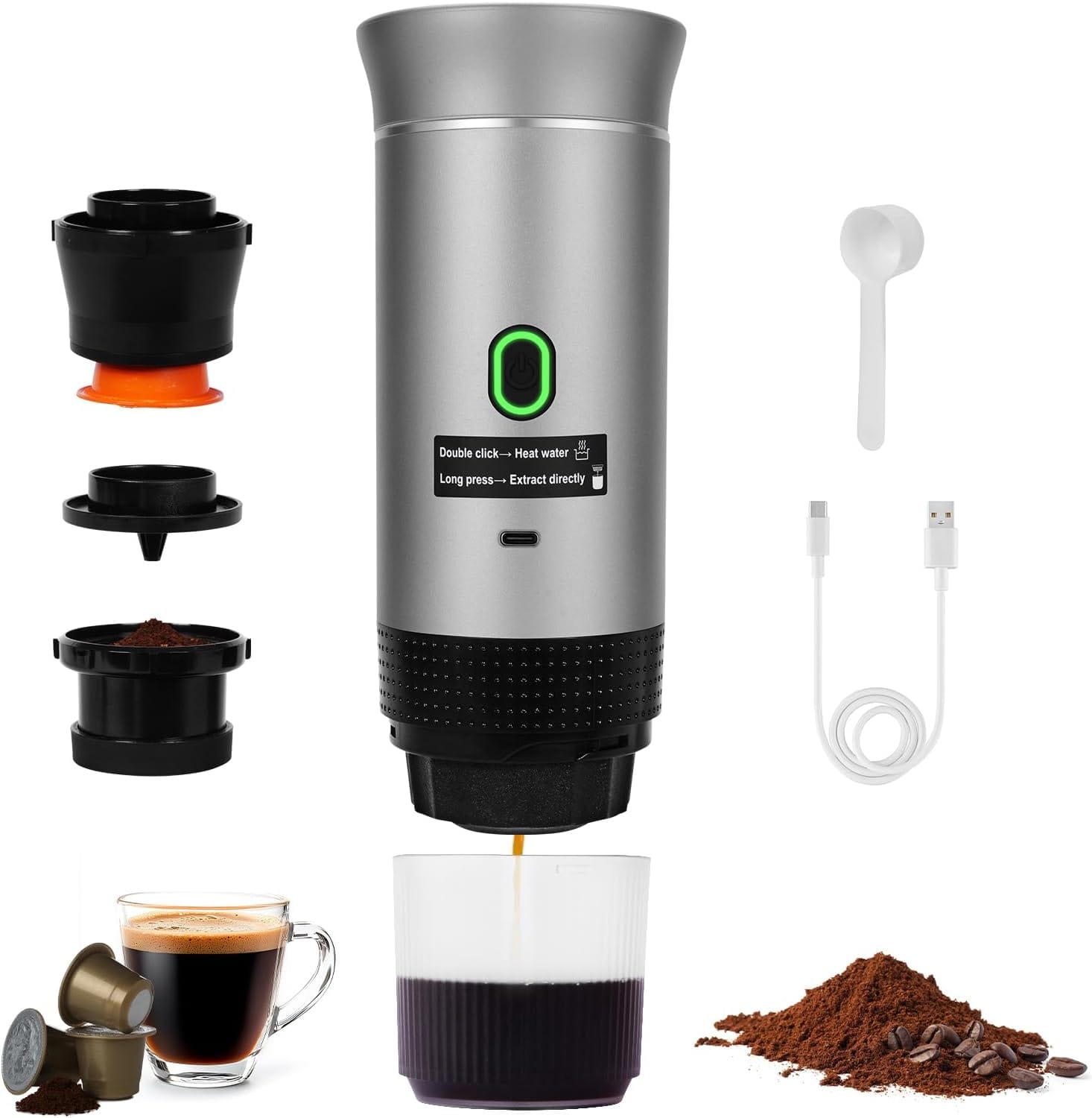 Portable Electric Coffee Machine,3-In-1 Mini Coffee Maker,Self-Heating Car Coffee Maker With Usb-C, Small Coffee Machine With Ground Coffee & Capsules For Rv, Hiking, Office (Silver) Portable Electric Coffee Machine,3-In-1 Mini Coffee Maker,Self-Heating Car Coffee Maker With Usb-C, Small Coffee Machine With Ground Coffee & Capsules For Rv, Hiking, Office (Silver)