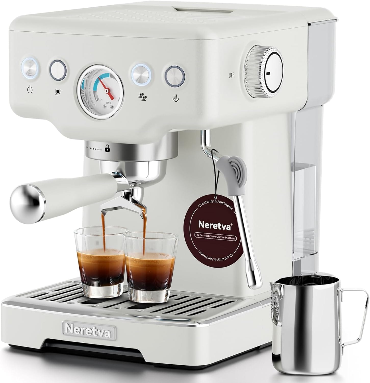 Neretva Espresso Machine, 15 Bar Espresso Coffee Machine With Visible Pressure Guage Professional Espresso Maker With Milk Frother & Stainless Steel For Home Barista Latte And Cappuccino Maker – White Neretva Espresso Machine, 15 Bar Espresso Coffee Machine With Visible Pressure Guage Professional Espresso Maker With Milk Frother & Stainless Steel For Home Barista Latte And Cappuccino Maker – White