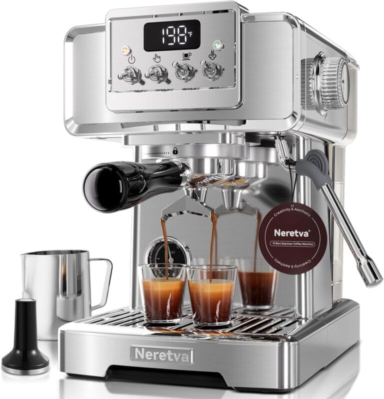 Neretva Espresso Coffee Machine, Professional Espresso Machine with Pressure Gauge 15Bar Retro Espresso Maker with Power Milk Frother Stainless Steel for Home Barista Latte and Cappuccino Maker-Silver Neretva Espresso Coffee Machine, Professional Espresso Machine with Pressure Gauge 15Bar Retro Espresso Maker with Power Milk Frother Stainless Steel for Home Barista Latte and Cappuccino Maker-Silver