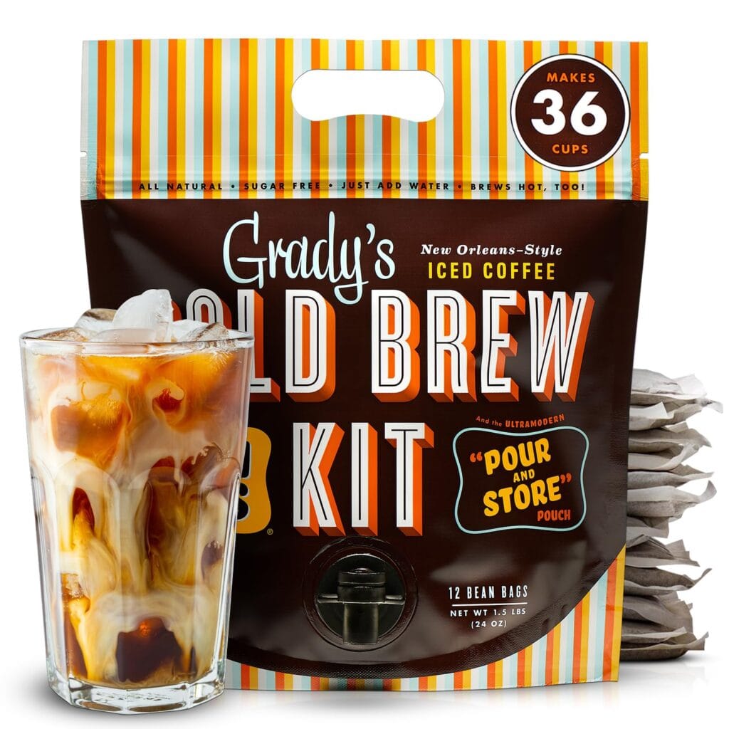 Grady’s Cold Brew Coffee Pouches | New Orleans Style | 100% Arabica Ground Coffee & Chicory | All-In-One Cold Brew Kit With 12 Easy-To-Brew Beans Bags | Makes 36 Drinks Grady’s Cold Brew Coffee Pouches | New Orleans Style | 100% Arabica Ground Coffee & Chicory | All-In-One Cold Brew Kit With 12 Easy-To-Brew Beans Bags | Makes 36 Drinks