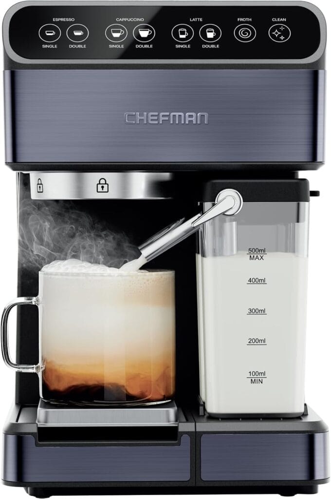 Chefman 6-In-1 Espresso Machine With Steamer, Automatic One-Touch Coffee Maker, Single Or Double Shot Cappuccino Machine, Latte Maker, Espresso Maker With Milk Frother, Black Chefman 6-In-1 Espresso Machine With Steamer, Automatic One-Touch Coffee Maker, Single Or Double Shot Cappuccino Machine, Latte Maker, Espresso Maker With Milk Frother, Black