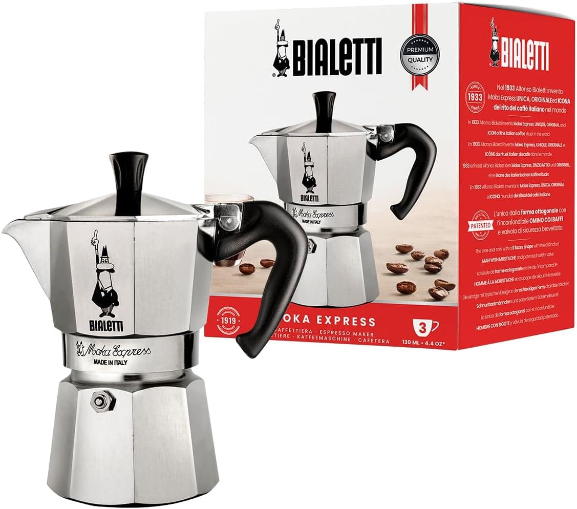 Moka Express: Iconic Stovetop Espresso Maker, Makes Real Italian Coffee, Moka Pot 3 Cups (4.4 Oz – 130 Ml) , Aluminium, Silver Moka Express: Iconic Stovetop Espresso Maker, Makes Real Italian Coffee, Moka Pot 3 Cups (4.4 Oz – 130 Ml) , Aluminium, Silver