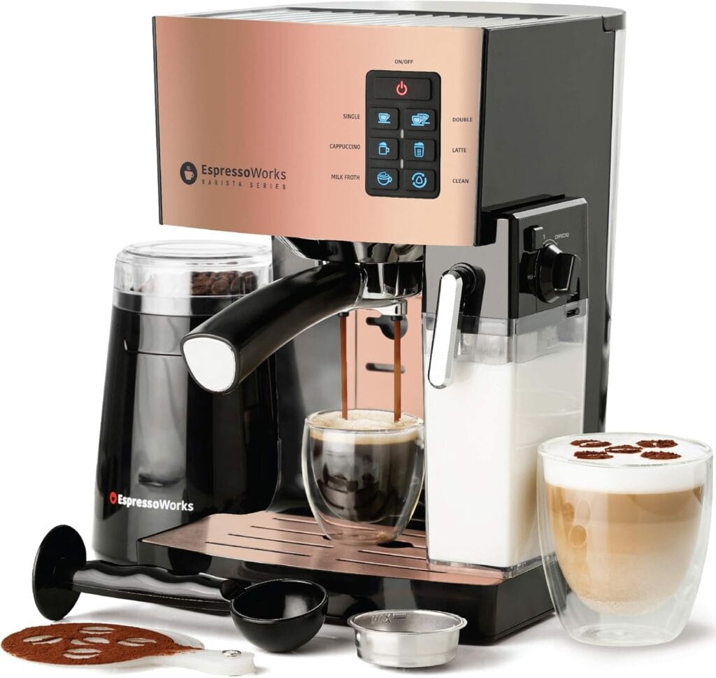 Espressoworks 19-Bar Espresso, Latte And Cappuccino Maker 10-Piece Set – Brew Cappuccino And Latte With One Button – Espresso Machine With Milk Steamer 1250W – Coffee Gifts (Rose Gold) Espressoworks 19-Bar Espresso, Latte And Cappuccino Maker 10-Piece Set – Brew Cappuccino And Latte With One Button – Espresso Machine With Milk Steamer 1250W – Coffee Gifts (Rose Gold)