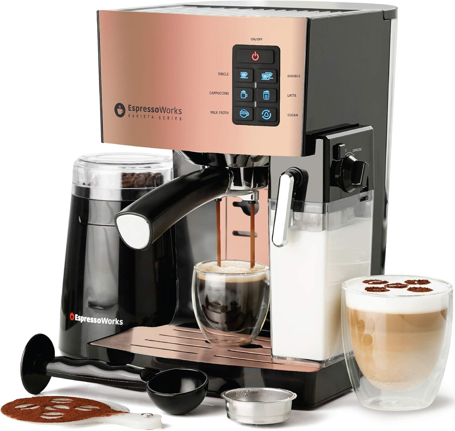 Espressoworks 19-Bar Espresso, Latte And Cappuccino Maker 10-Piece Set – Brew Cappuccino And Latte With One Button – Espresso Machine With Milk Steamer 1250W – Coffee Gifts (Rose Gold) Espressoworks 19-Bar Espresso, Latte And Cappuccino Maker 10-Piece Set – Brew Cappuccino And Latte With One Button – Espresso Machine With Milk Steamer 1250W – Coffee Gifts (Rose Gold)