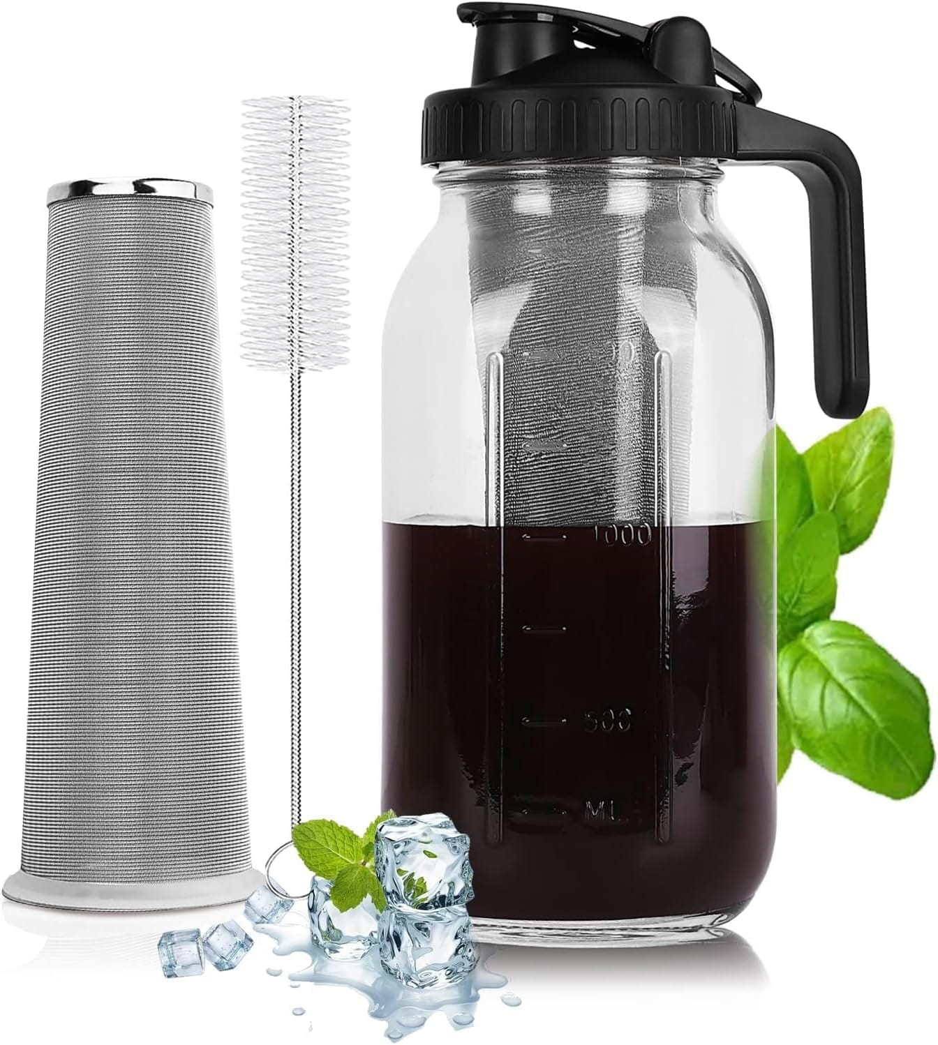 Cold Brew Coffee Maker – 64 Oz Heavy-Duty Glass Mason Jar Pitcher With Stainless Steel Filter, Leak-Proof Lid, Ergonomic Handle & Precision Pour Spout – Ideal For Iced Coffee, Tea, Cold Brew (Black) Cold Brew Coffee Maker – 64 Oz Heavy-Duty Glass Mason Jar Pitcher With Stainless Steel Filter, Leak-Proof Lid, Ergonomic Handle & Precision Pour Spout – Ideal For Iced Coffee, Tea, Cold Brew (Black)