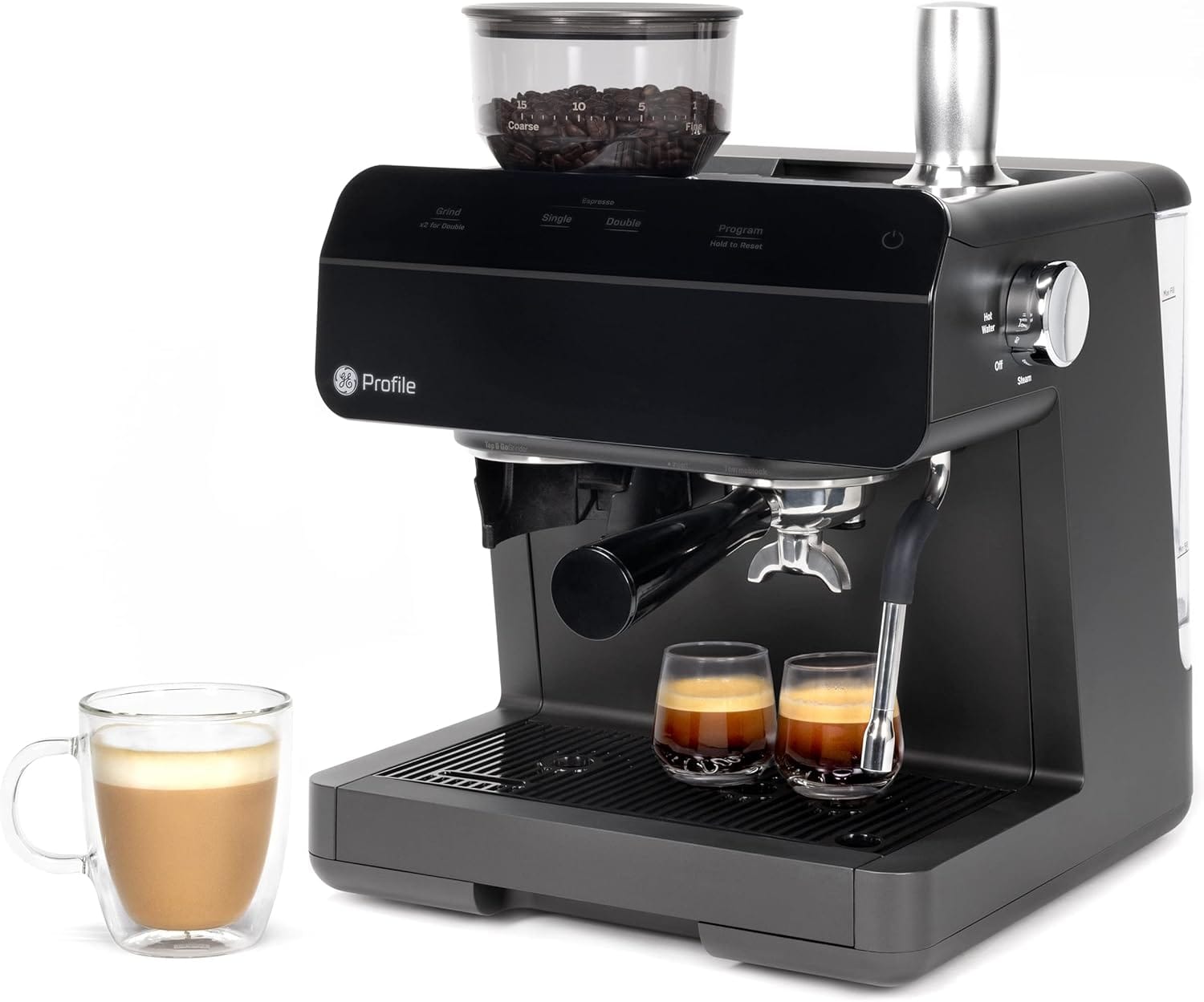 Ge Semi Automatic Espresso Machine + Steam Frother | Italian-Made 15 Bar Pump For Balanced Extraction | 15 Adjustable Grind Size Levels | Wifi Connected For Drink Customization | Black Ge Semi Automatic Espresso Machine + Steam Frother | Italian-Made 15 Bar Pump For Balanced Extraction | 15 Adjustable Grind Size Levels | Wifi Connected For Drink Customization | Black