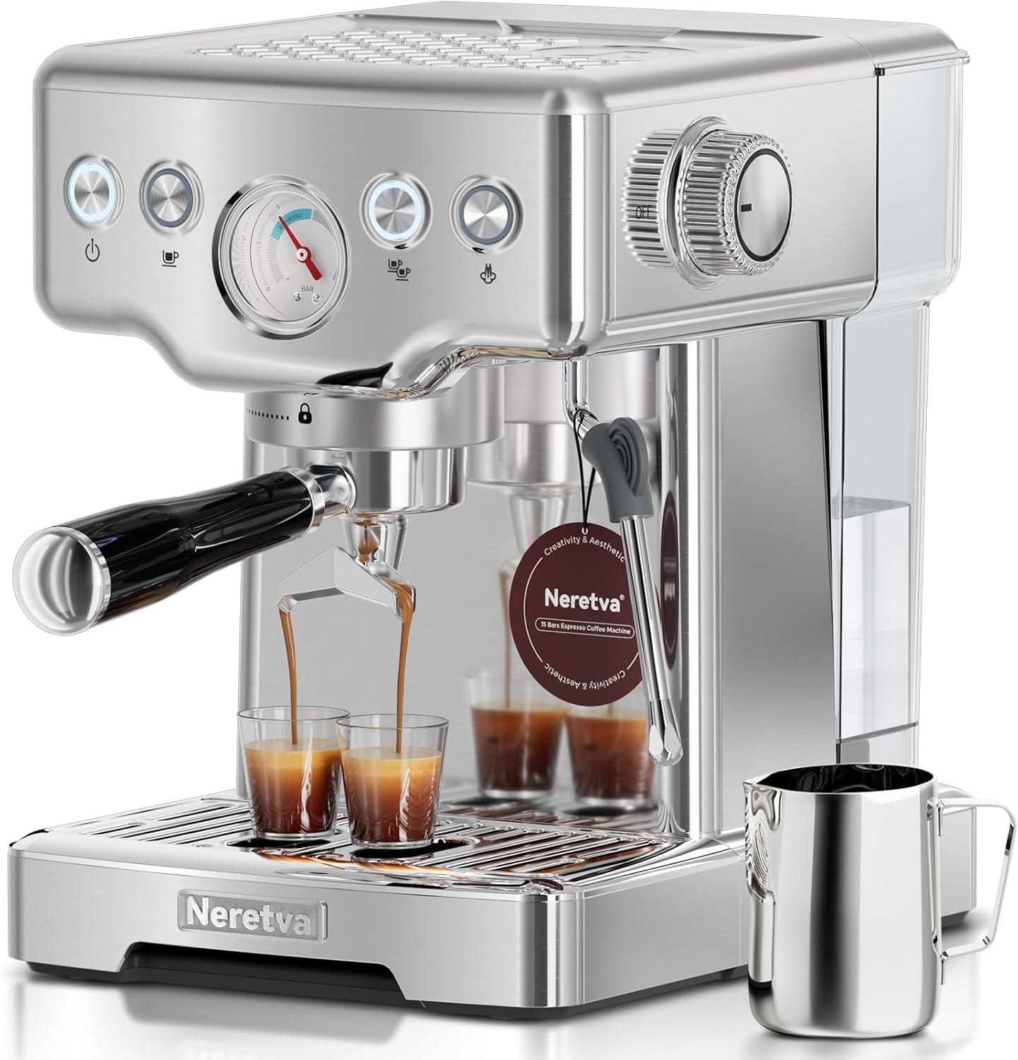 Neretva 15 Bar Espresso Machine With Milk Frother Steam Wand For Cappuccino, Latte, Macchiato, 1450W Professional Coffee Machine 1.8L Removable Water Tank For Home Barista (Silver), Medium, Pe3690Su Neretva 15 Bar Espresso Machine With Milk Frother Steam Wand For Cappuccino, Latte, Macchiato, 1450W Professional Coffee Machine 1.8L Removable Water Tank For Home Barista (Silver), Medium, Pe3690Su