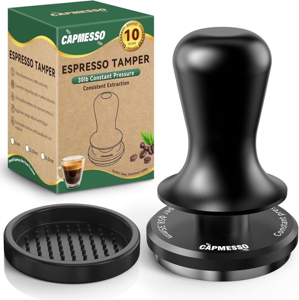 CAPMESSO Espresso Tamper 58.35mm: Coffee Tamper for Breville Espresso Machine With Calibrated 3 Spring Loaded – 30lbs Espresso Accessories Tamper with Sound Feedback, Stand & Ripple Base (58.35mm)