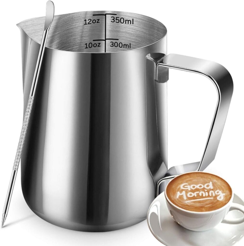 SIKEMAY Milk Frothing Pitcher Cup, 12oz/350ML Milk Frother Cup Stainless Steel Steaming Pitcher Milk Jug Coffee Latte with Art Pen Cappuccino Espresso Machine Accessories Barista Steam Pitchers Tools