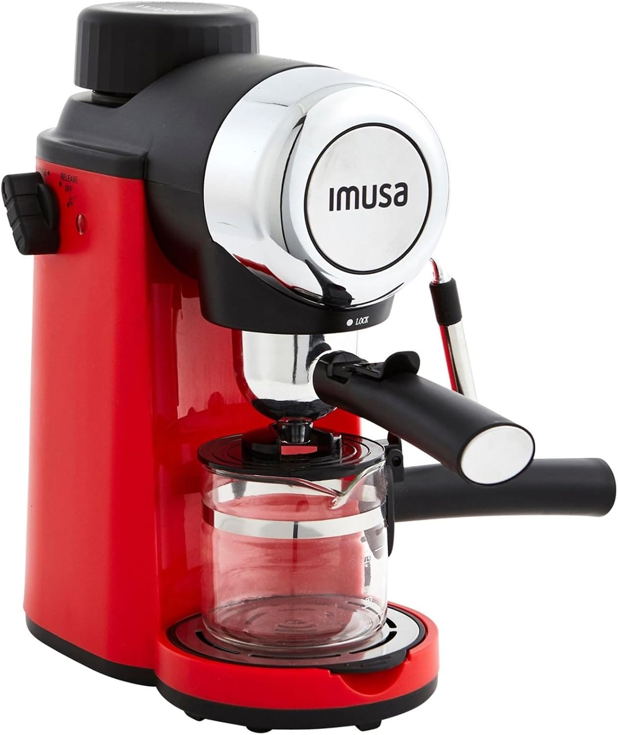 Imusa 4 Cup Epic Electric Espresso/Cappuccino Maker (Cafe Cubano, Cortadito, Colada, Cafe con Leche), Red Imusa 4 Cup Epic Electric Espresso/Cappuccino Maker (Cafe Cubano, Cortadito, Colada, Cafe con Leche), Red