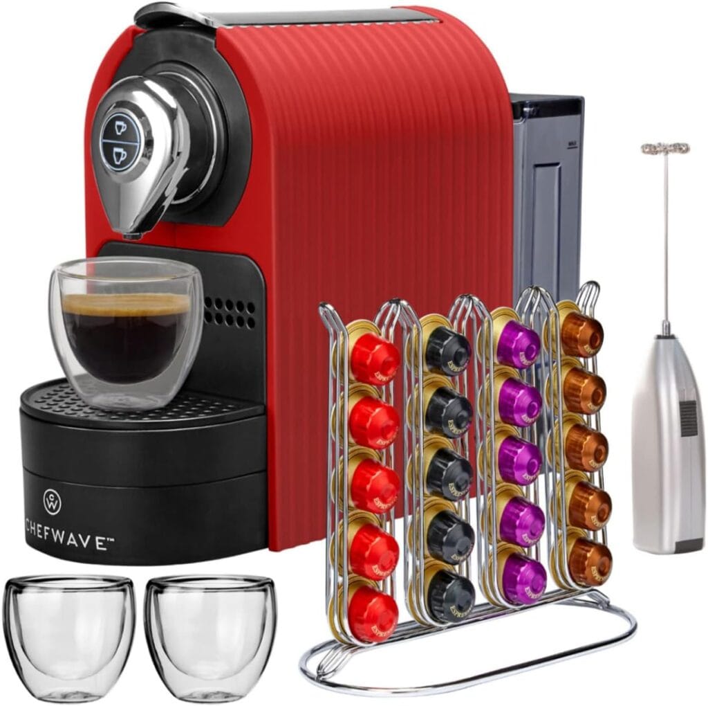 ChefWave Espresso Machine for Nespresso Compatible Capsules (Red) Bundle with Capsule Holder, 2 Glass Cups and Handheld Milk Frother (2 items)