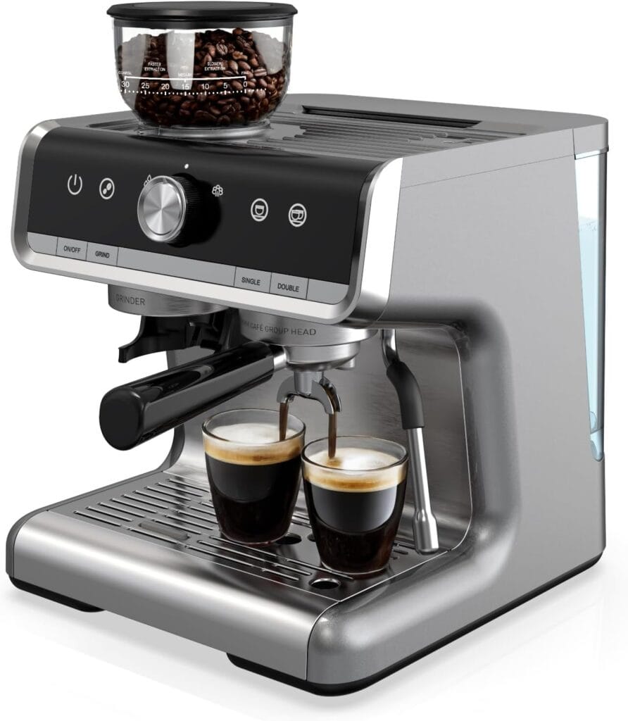 GarveeHome Espresso Machine 20 Bar With Grinder & Steam Wand – All In One Espresso Maker & Espresso Machine With Grinder for Home, Light Gray