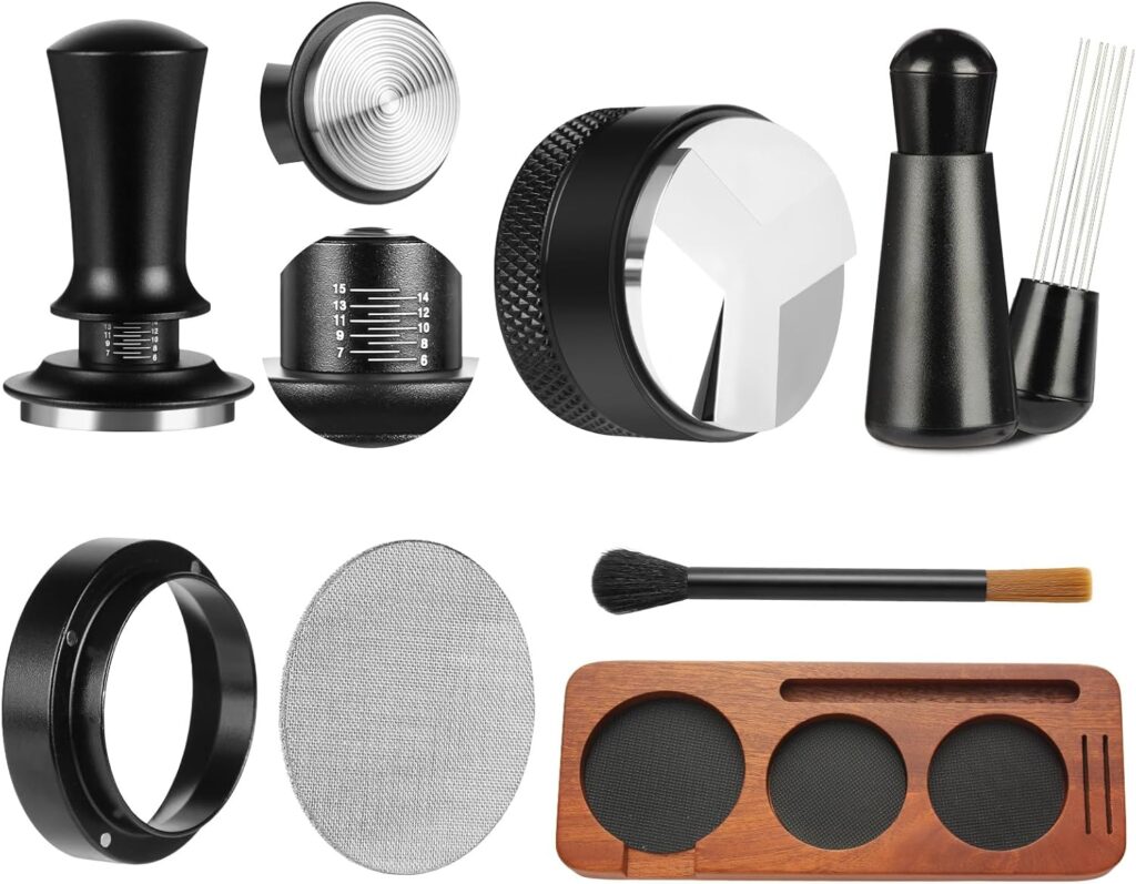 7 PCS Espresso Accessories,Espresso Tamper Tools,WDT Tool Espresso Machine Accessories Kit,Coffee Tamper with Wood Espresso Tamping Station,Distributor,Stirrer,Dosing Funnel,Brush,Puck Screen (54mm) 7 PCS Espresso Accessories,Espresso Tamper Tools,WDT Tool Espresso Machine Accessories Kit,Coffee Tamper with Wood Espresso Tamping Station,Distributor,Stirrer,Dosing Funnel,Brush,Puck Screen (54mm)