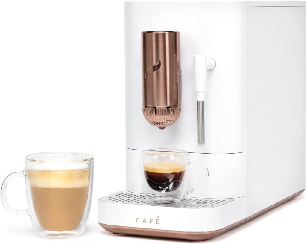 Café Affetto Automatic Espresso Machine + Milk Frother | Built-In & Adjustable Espresso Bean Grinder | One-Touch Brew in 90 Seconds | Matte White, 1.2 Liter, (C7CEBBS4RW3) (Renewed)