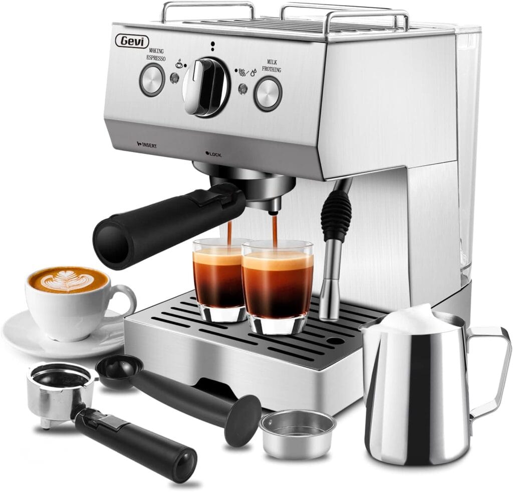 Gevi Espresso Machine 15 Bar Pump Pressure, Cappuccino Coffee Maker with Milk Foaming Steam Wand for Latte, Mocha, Cappuccino, 1.5L Water Tank, 1100W, Black Gevi Espresso Machine 15 Bar Pump Pressure, Cappuccino Coffee Maker with Milk Foaming Steam Wand for Latte, Mocha, Cappuccino, 1.5L Water Tank, 1100W, Black
