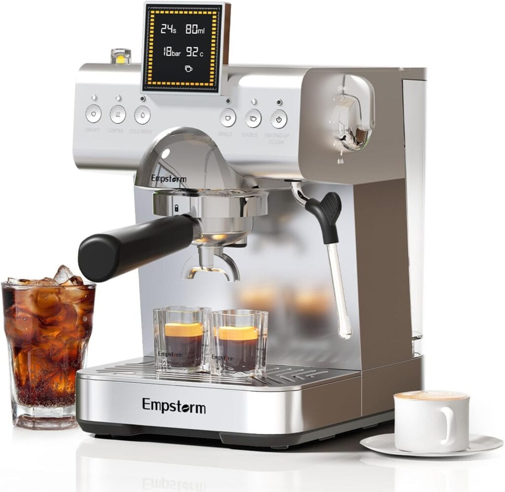 Espresso Machine with LED Display, 20 Bar Espresso Maker with Milk Frother Steam Wand, Hot & Iced Coffee Machine – 51oz Water Tank for Cappuccino, Latte, Cold Brew (Stainless Steel)