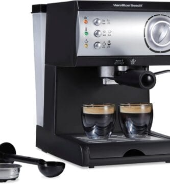 Hamilton Beach 15 Bar Espresso Machine, Cappuccino, Mocha, & Latte Maker, with Milk Frother, Make 2 Cups Simultaneously, Works with Pods or Ground Coffee, 50 oz. Water Reservoir, Black