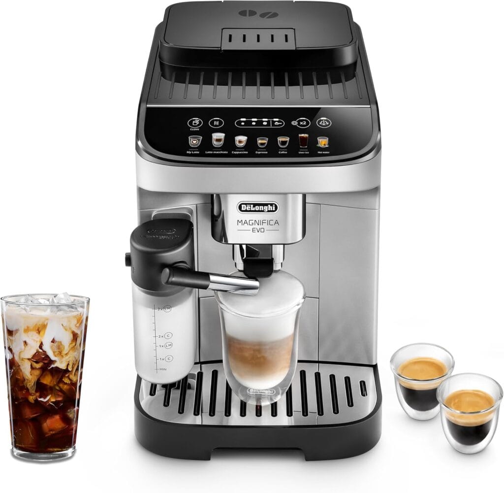 De’Longhi Magnifica Evo Automatic Espresso & Coffee Machine with Auto Milk Frother, Built-in Grinder & Auto-Clean Function – For Latte, Cappuccino, Americano, Iced Coffee, ECAM29084SB , Silver