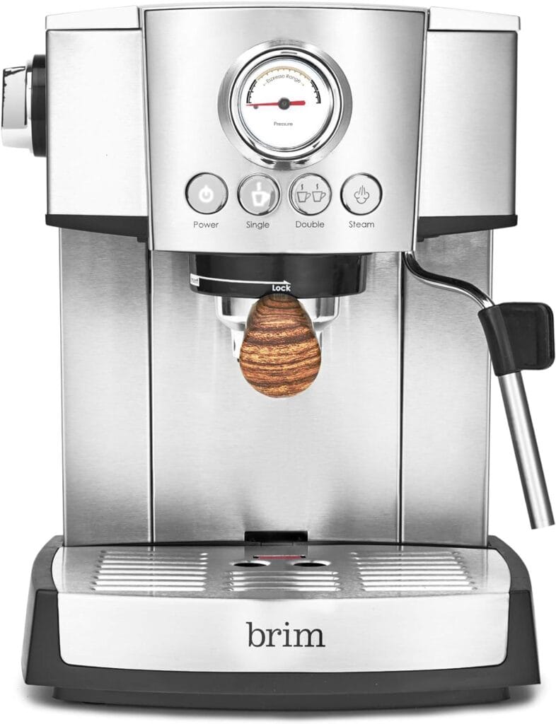 brim 15 Bar Espresso Machine, Cappuccino, Americano, Latte and Espresso Maker, Milk Steamer and Frother, Removable Parts for Easy Cleaning, Stainless Steel/Wood Accents, wood finish handle (50030)