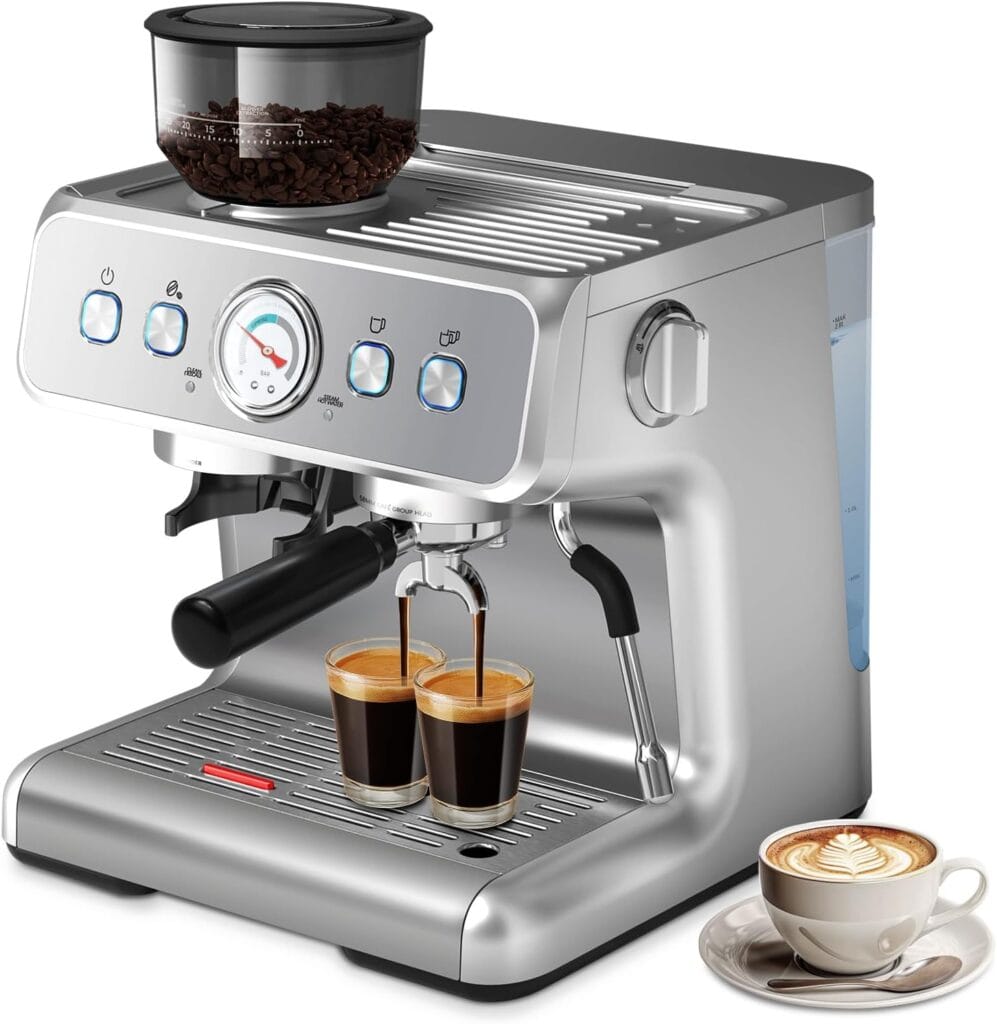 Espresso Machine, 20 Bar Semi-Automatic Espresso Machine with Grinder & Milk Frother Steam Wand, 1450W Home Cappuccino Latte Machine with Removable 95 Oz Water Tank, Stainless Steel
