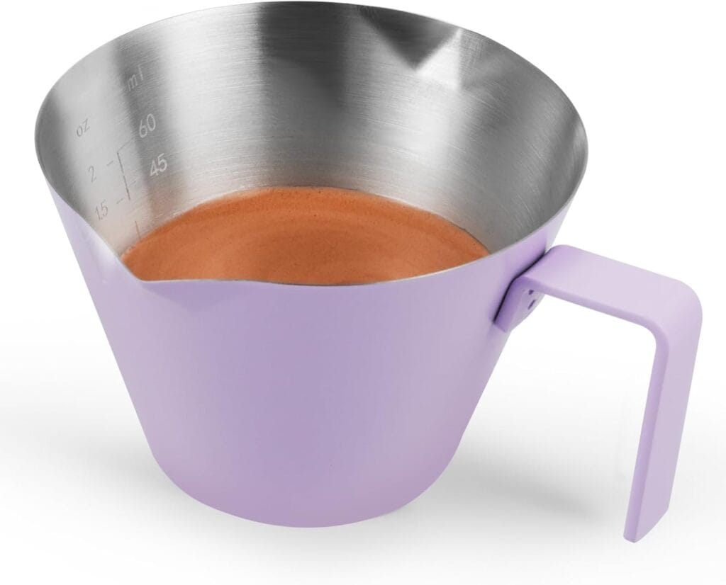 MHW-3BOMBER Espresso Measuring Cups, Double Spouts Stainless Steel Espresso Pour Cup, Espresso Shot Cups with Handle Scale, Metal Measuring Cups with V-Shaped Mouth, 3.4OZ/100ML Purple G5667-OS