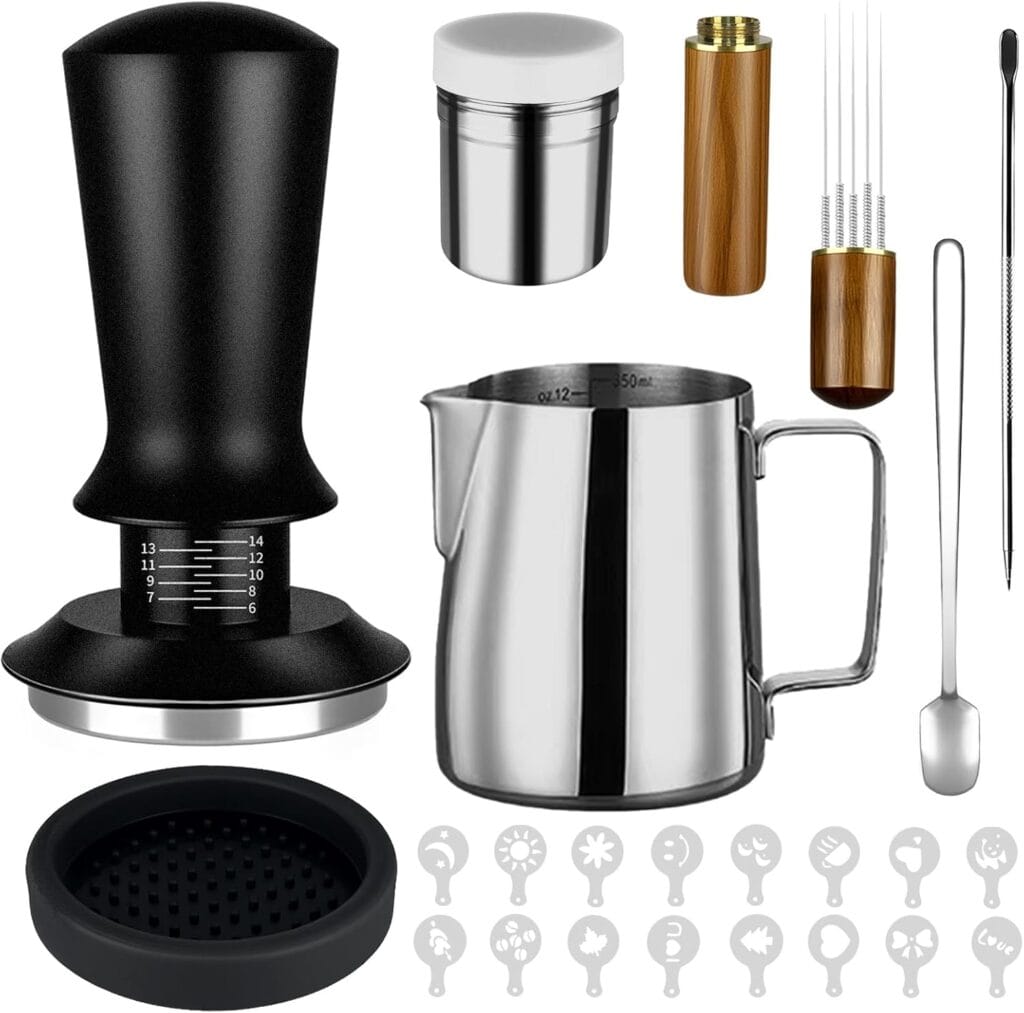 23Pcs Espresso Accessories, 51mm Coffee Espresso Tamper Kit, Espresso Machine Accessories Set, with Espress Stirrer | 350ml Milk Pitcher | Coffee Powder Dispenser | Latte Art Kit for Espresso Machine 23Pcs Espresso Accessories, 51mm Coffee Espresso Tamper Kit, Espresso Machine Accessories Set, with Espress Stirrer | 350ml Milk Pitcher | Coffee Powder Dispenser | Latte Art Kit for Espresso Machine