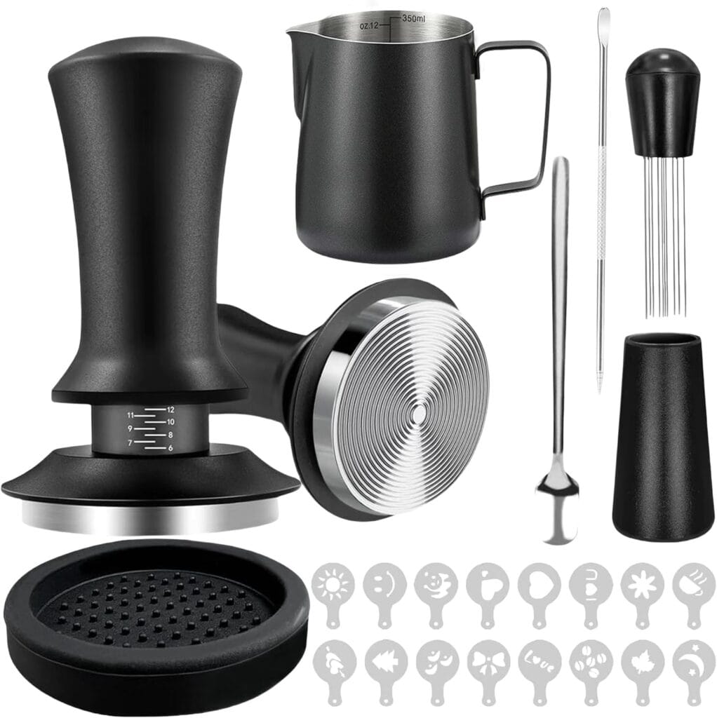 22 PCS Espresso Accessories Kit，58mm Coffee Tamper Set ，Barista Kit， – with Frothing Pitcher，WDT Tool，Stirrer，Tamper Mat ，Coffee Stencils，Latte Art Pen
