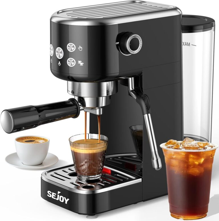 Sejoy Espresso Machine 1350W, 19 Bar Espresso Maker with Milk Frother, Compact Cappuccino & Latte Machine with 44oz Detachable Water Tank Sejoy Espresso Machine 1350W, 19 Bar Espresso Maker with Milk Frother, Compact Cappuccino & Latte Machine with 44oz Detachable Water Tank