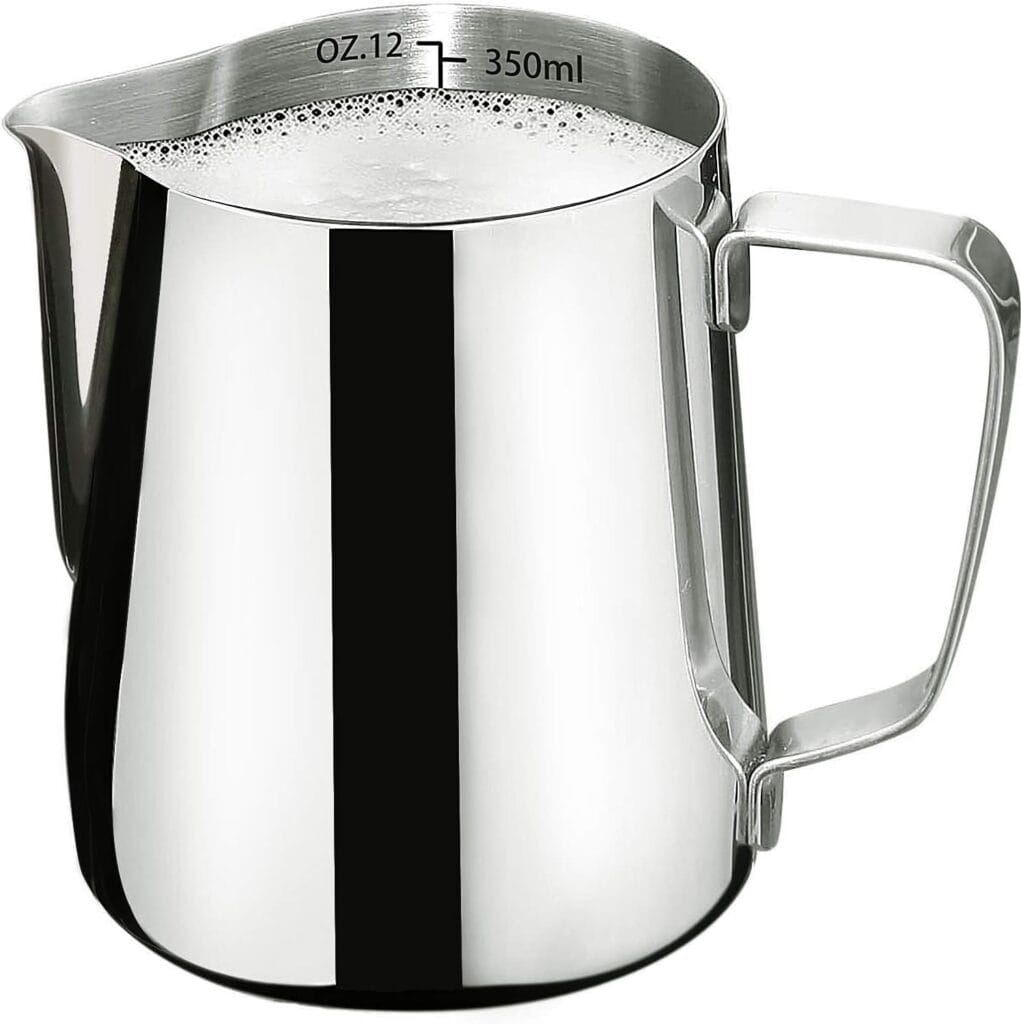 Milk Frothing Pitcher-Measurement on the Inside, Frothing pitcher, Coffee Pitcher Perfect for Espresso Machines, Stainless Steel Milk Frother Cup for Latte Art(12oz/350ml).