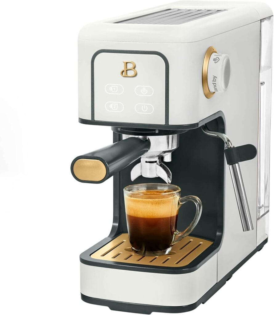 Beautiful slim Espresso Maker by Drew Barrymore – 20-Bar Pressure Sleek Finish (White Icing)