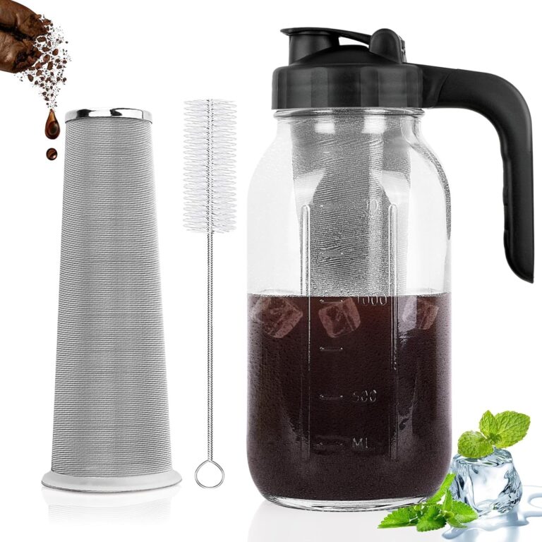 Cold Brew Coffee Maker Pitcher, 64 Oz Heavy Duty Glass Mason Jar Pitcher with V-shaped Pour Spout Handle Lid,Stainless Steel Filter for Iced Coffee,Iced tea,Fruit Drinks,lemonade – Black